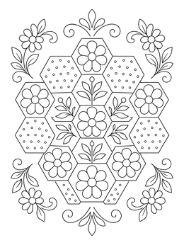 A floral hexagon quilt coloring page surrounded by elegant corner flourishes.
