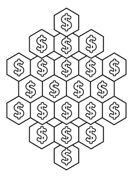 A honeycomb pattern of hexagons with dollar signs inside in this debt free coloring page.