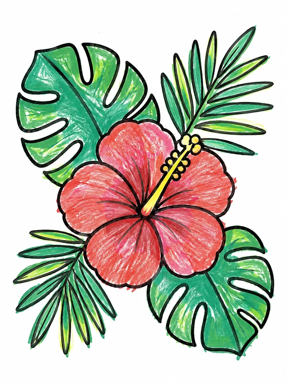 Colored example of the Hibiscus Bloom With Tropical Leaves coloring page