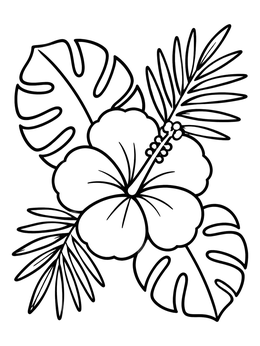 Free printable Hibiscus Bloom With Tropical Leaves coloring page