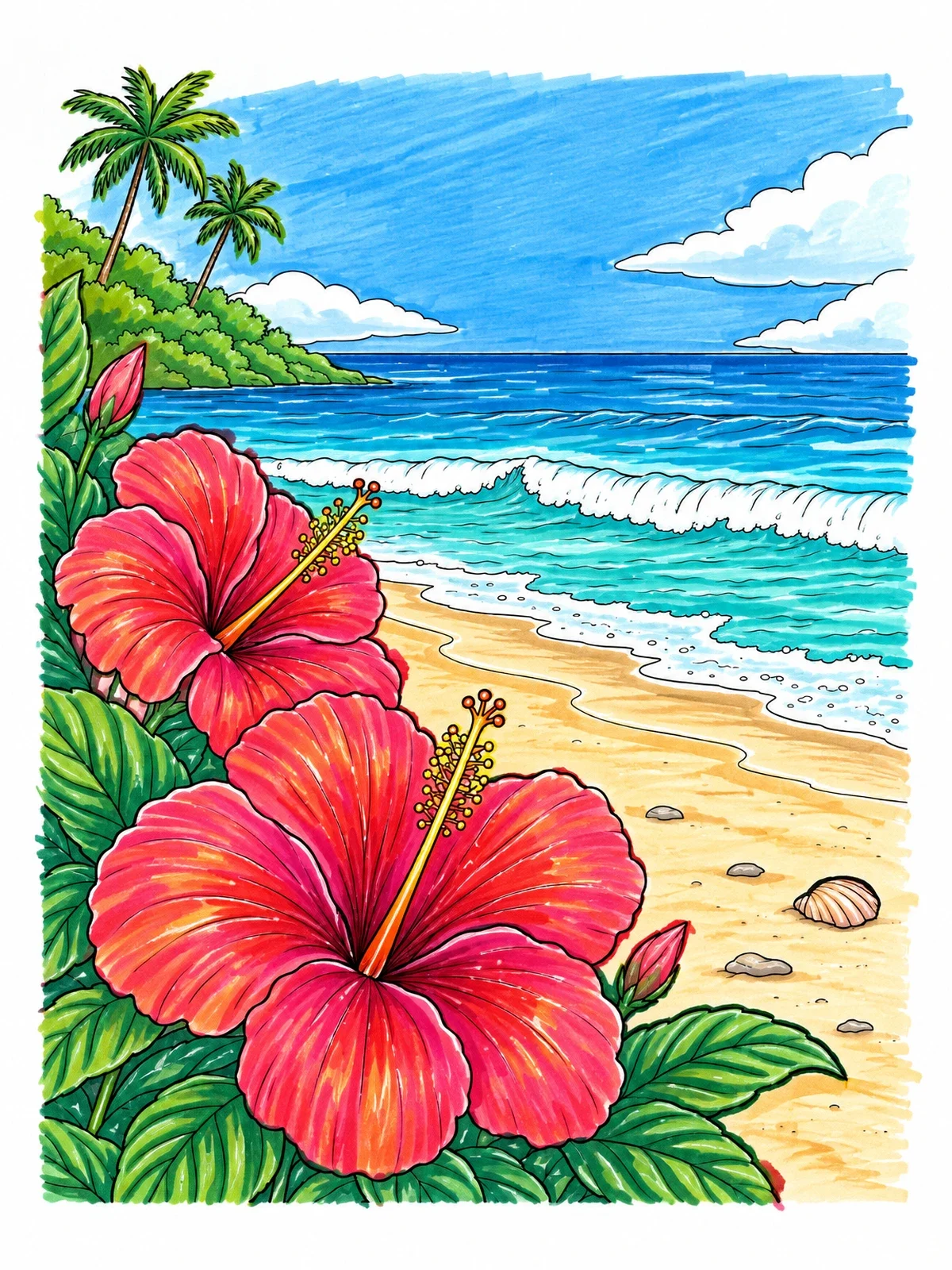 Colored example of the Hibiscus Blooms By The Ocean Shore coloring page