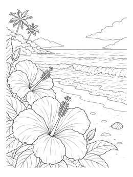 Free printable Hibiscus Blooms By The Ocean Shore coloring page