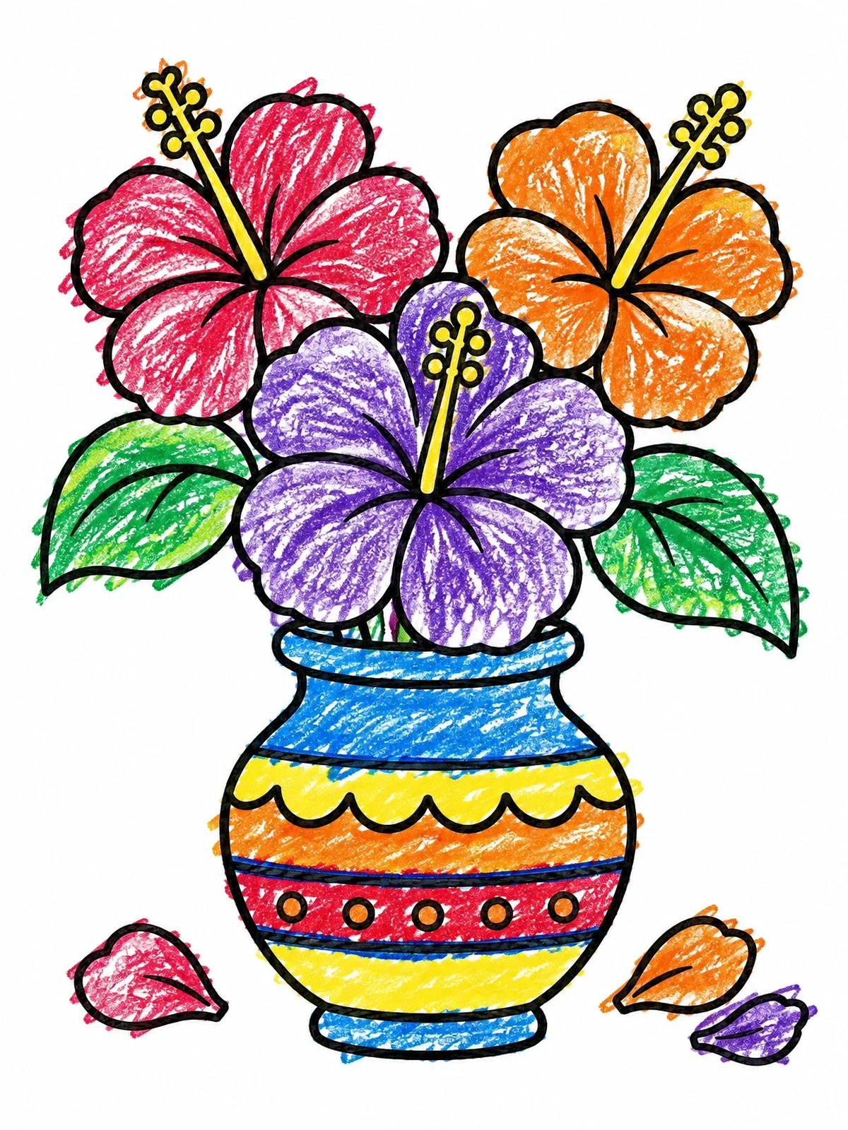 Colored example of the Hibiscus Bouquet In Decorated Vase coloring page
