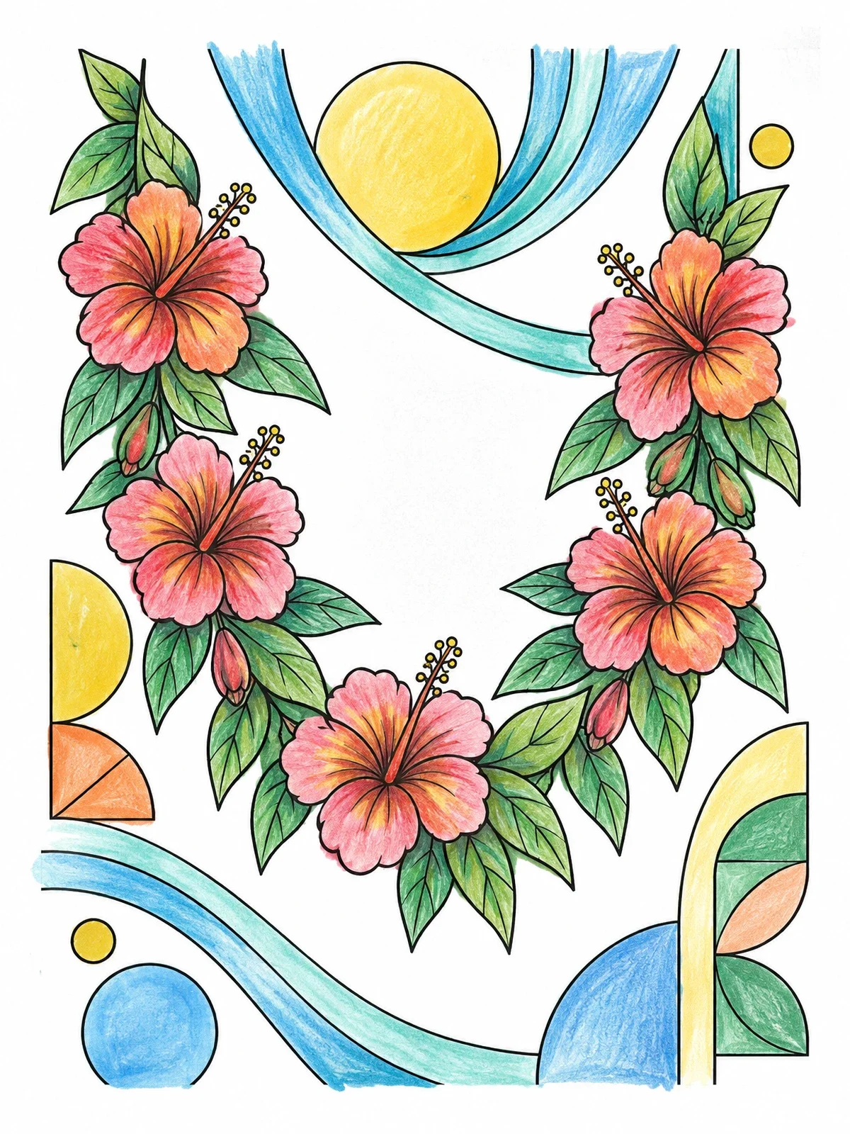 Colored example of the Hibiscus Flower Garland With Leaves coloring page