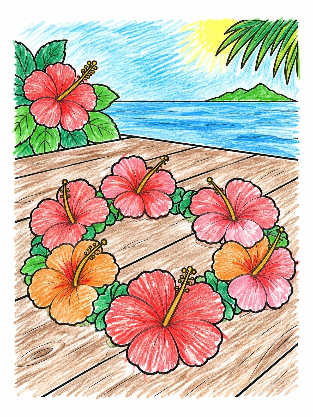 Colored example of the Hibiscus Lei On Ocean Pier coloring page