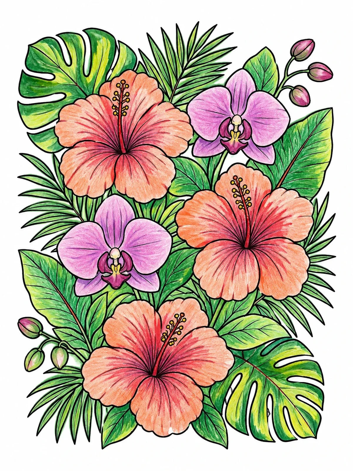 Colored example of the Hibiscus And Orchids Tropical Bouquet coloring page
