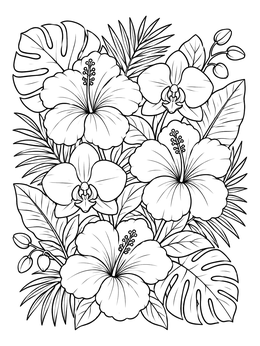 Free printable Hibiscus And Orchids Tropical Bouquet coloring page