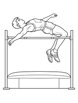 A high jump athlete coloring page showing a male track and field competitor mid-air.