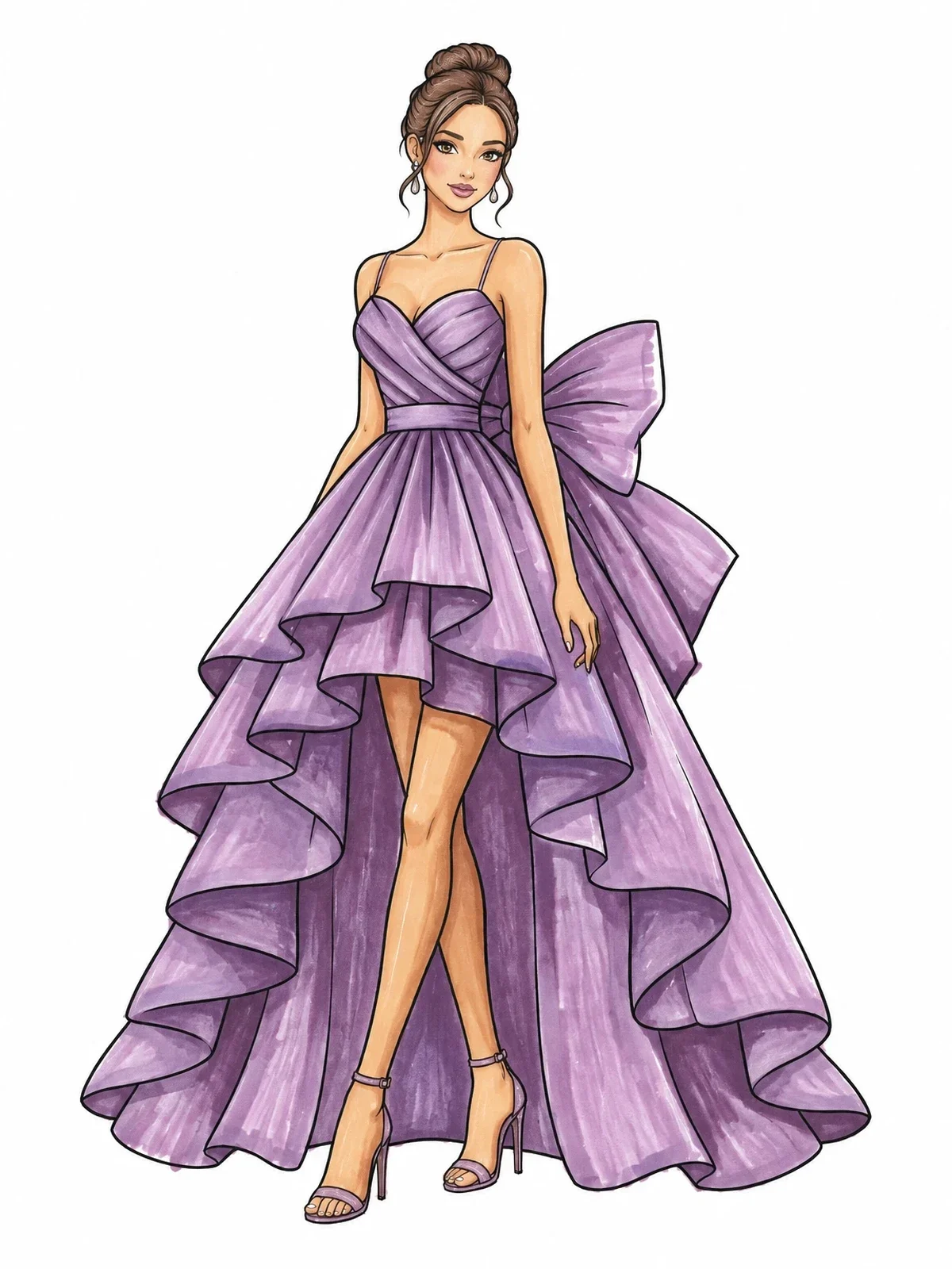 Colored example of the High Low Ruffled Gown With Big Bow coloring page