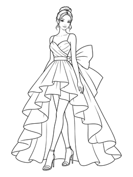 A woman models an elegant ball gown dress coloring page featuring a ruffled high-low hem and large bow.