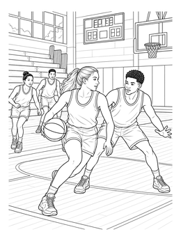 High school players dribble and defend in this basketball court coloring page.