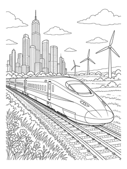 A streamlined bullet train zooms along tracks on this train coloring page with skyscrapers and wind turbines behind.