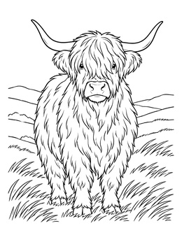 A fluffy Highland bull coloring page standing amidst rolling grassy meadows.
