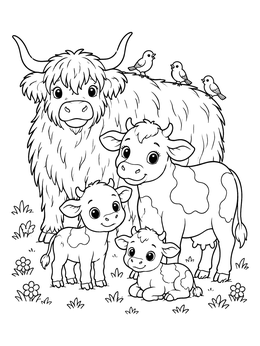 A sweet cow coloring page featuring a Highland cow, calves, and little birds.