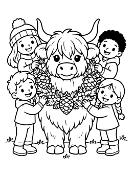 Free printable Highland Cow With Christmas Wreath And Children coloring page