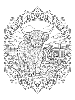 A detailed cow coloring page featuring a fluffy Highland cow and antique tractor framed in a mandala.