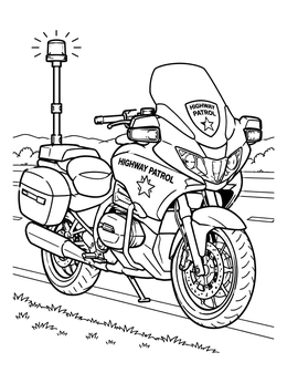 A detailed highway patrol motorcycle coloring page parked along the side of the road.