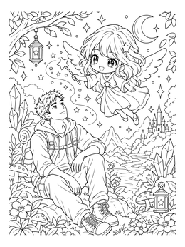 A seated traveler admires a tiny fairy in this angel anime coloring page with crystals and a castle.