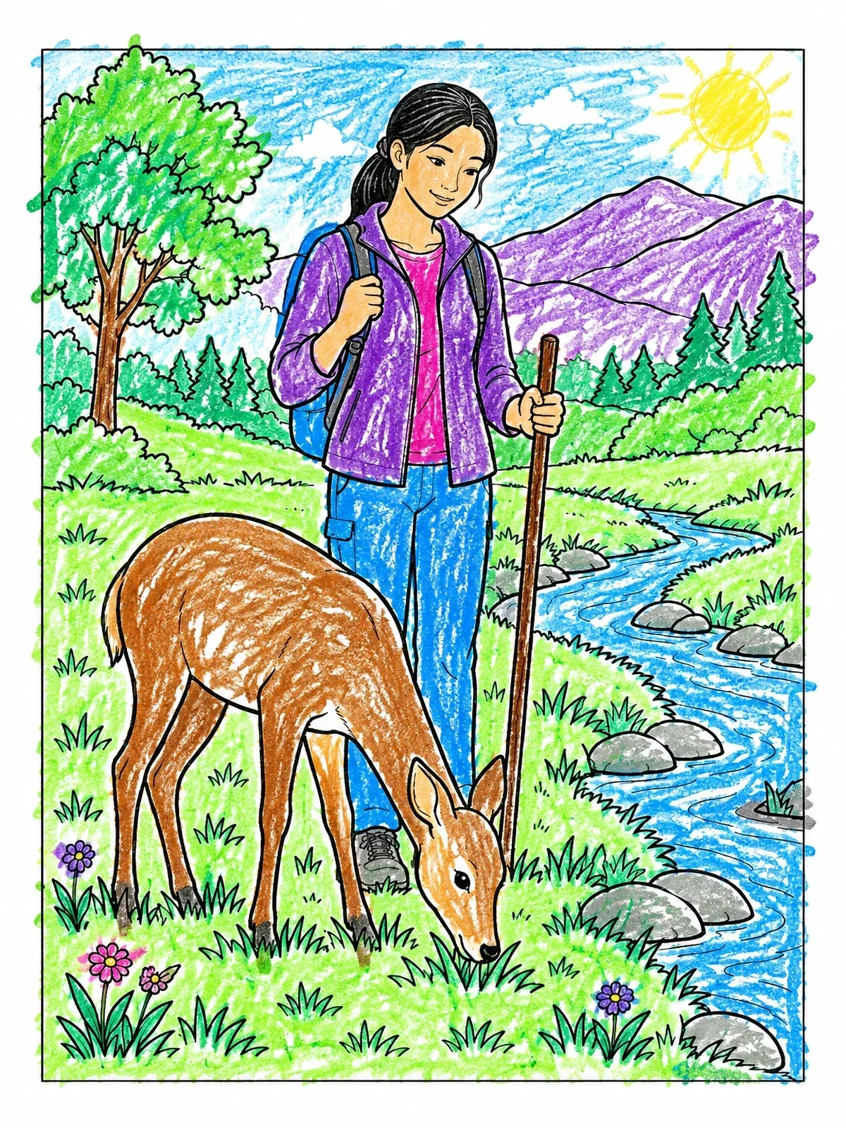 Colored example of the Hiker And Grazing Doe By The Stream coloring page