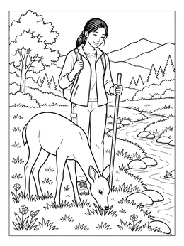 Free printable Hiker And Grazing Doe By The Stream coloring page