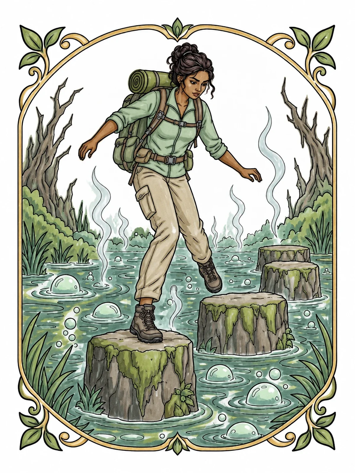Colored example of the Hiker Crossing A Bubbling Swamp coloring page