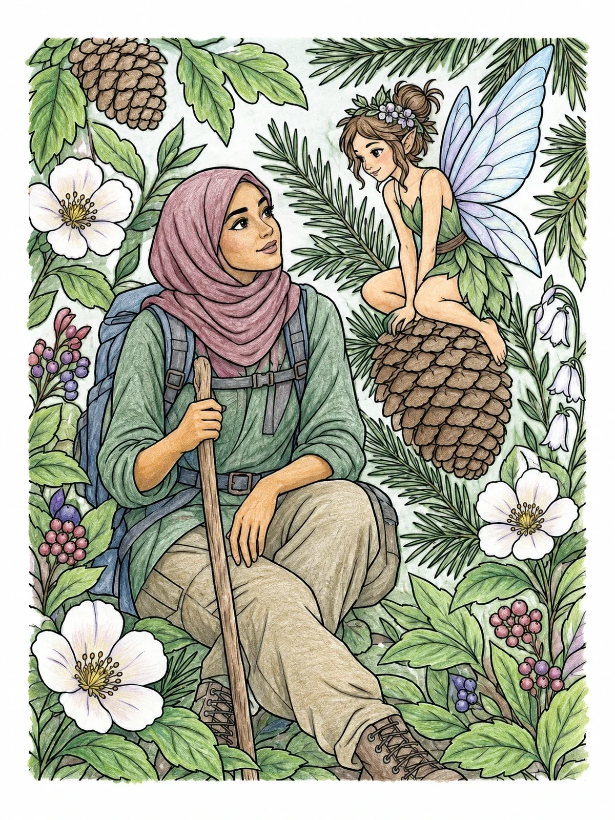 Colored example of the Hiker Meeting Forest Sprite Fairy coloring page