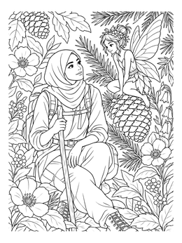 A hiker encounters a tiny woodland sprite in this fairy coloring page.