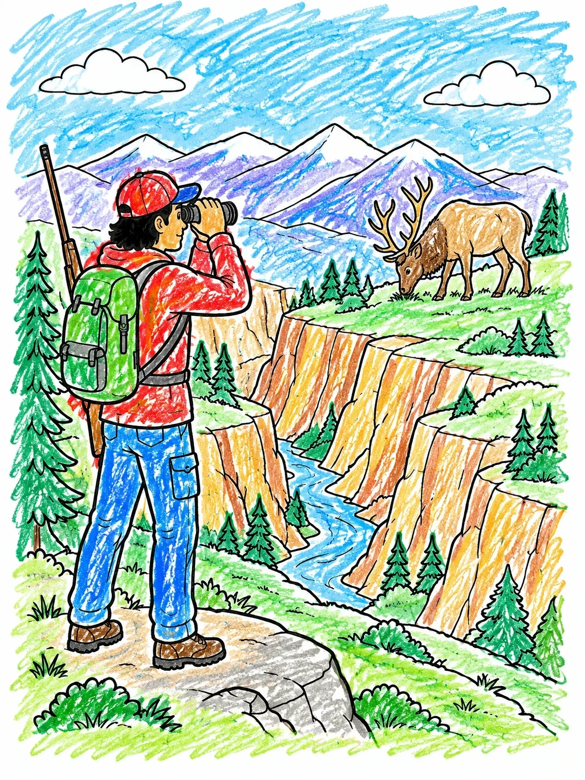 Colored example of the Hiker Spotting An Elk Across The Canyon coloring page