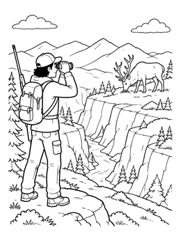 Free printable Hiker Spotting An Elk Across The Canyon coloring page