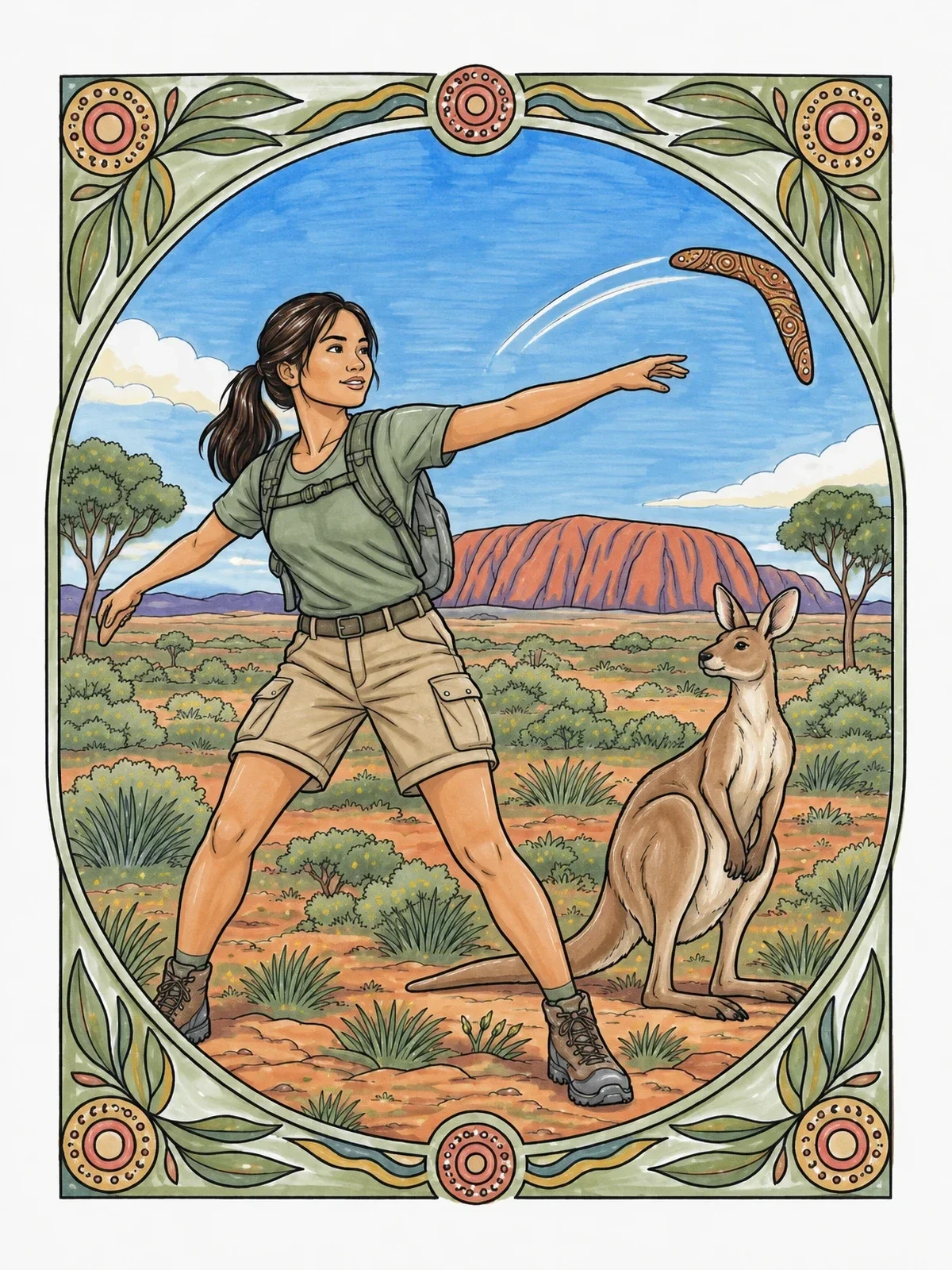 Colored example of the Hiker Throwing Boomerang In The Outback coloring page