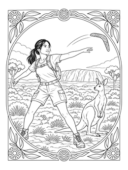 A hiker launches a flying curved tool in this detailed boomerang coloring page.