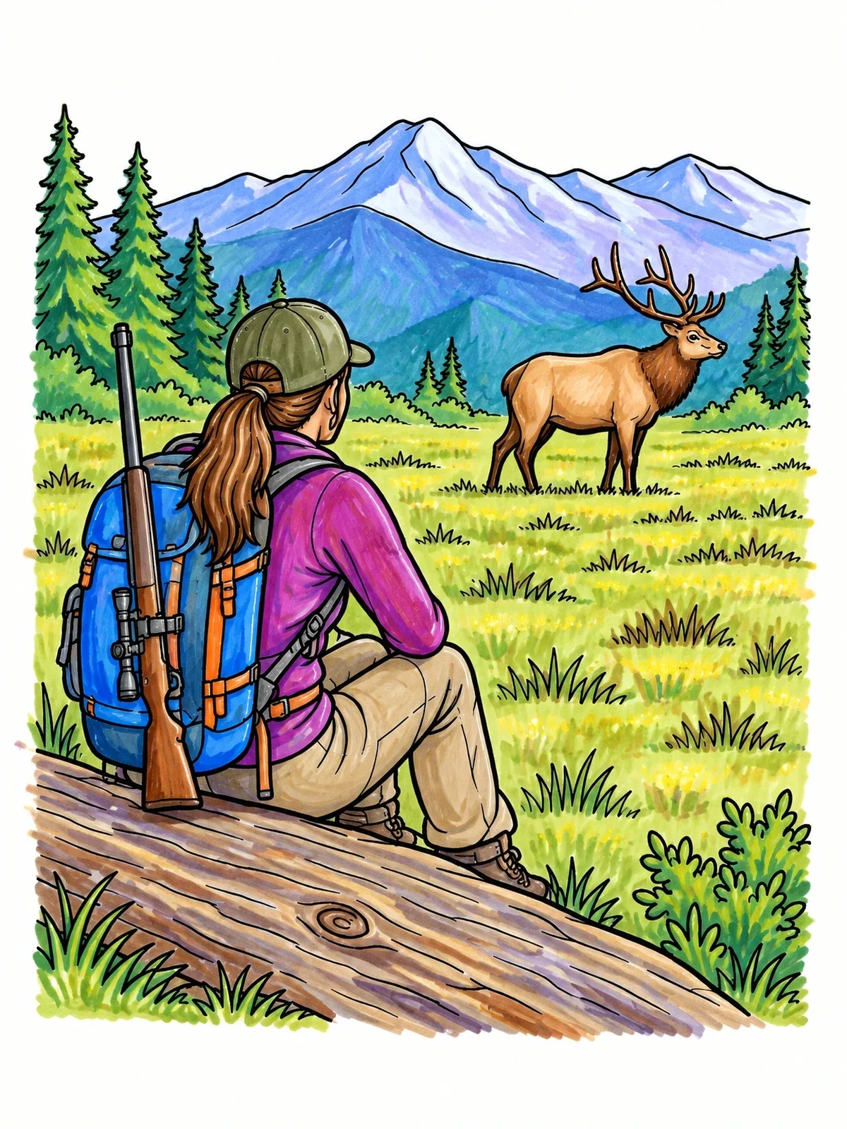 Colored example of the Hiker Watching Bull Elk In Mountain Meadow coloring page