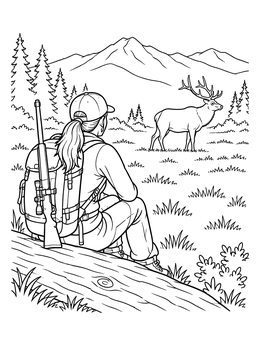 Free printable Hiker Watching Bull Elk In Mountain Meadow coloring page