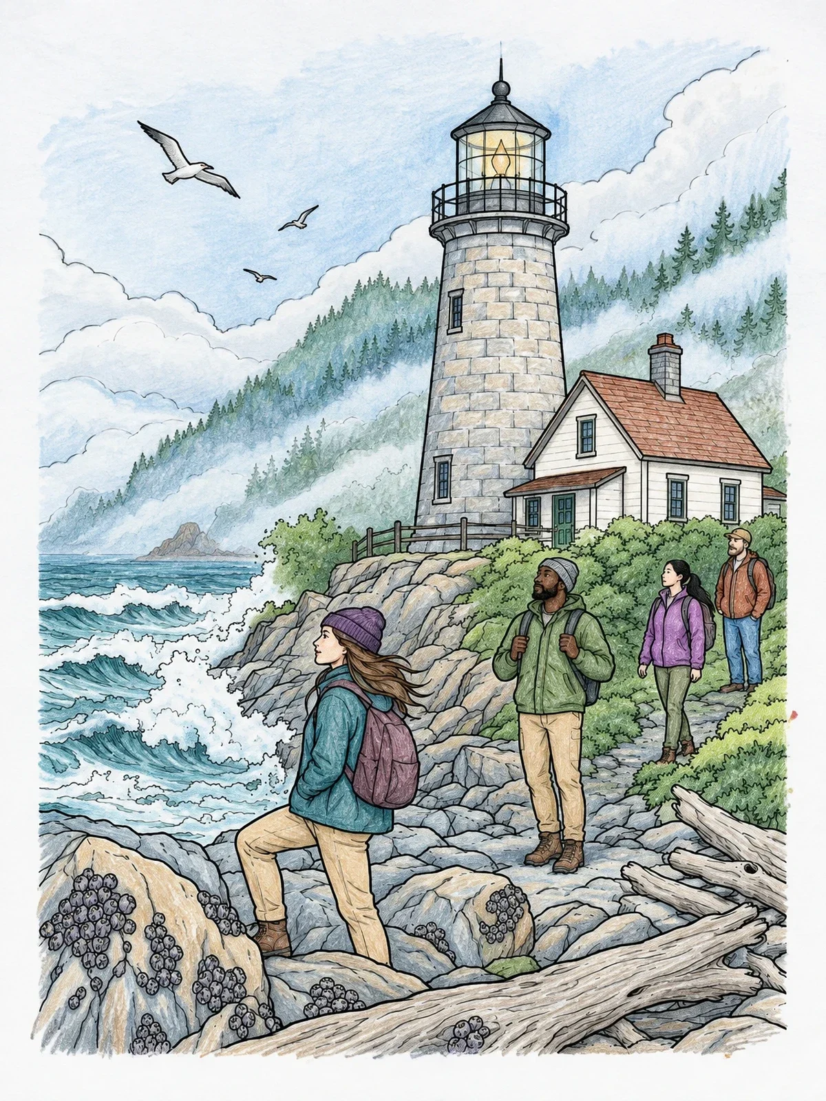 Colored example of the Hikers At Coastal Lighthouse coloring page