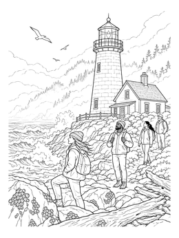 A lighthouse beach coloring page showing hikers exploring a rocky coastline with crashing ocean waves.