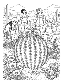 A group of hikers surrounds a blooming barrel cactus in this desert coloring page.