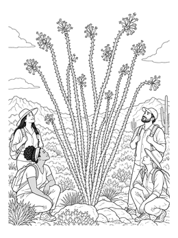 Hikers surround a tall ocotillo plant in this desert coloring page.