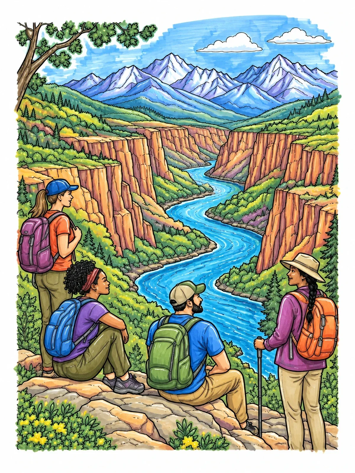 Colored example of the Hikers Overlooking Canyon River Valley coloring page