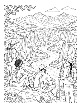 Free printable Hikers Overlooking Canyon River Valley coloring page
