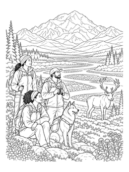 Free printable Hikers And Caribou In Denali coloring page