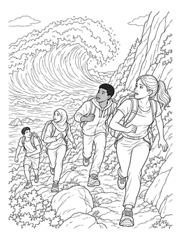 Free printable Hikers Fleeing Massive Tsunami Wave coloring page