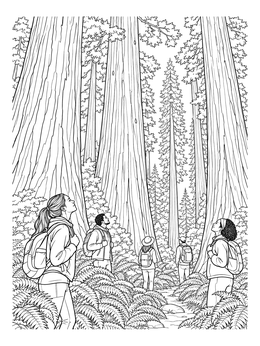 Hikers look up at towering redwoods on this detailed Santa Cruz coloring page surrounded by lush ferns.