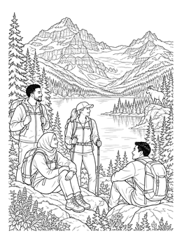 A group of hikers rests before mountain peaks and an alpine lake in this detailed montana coloring page.