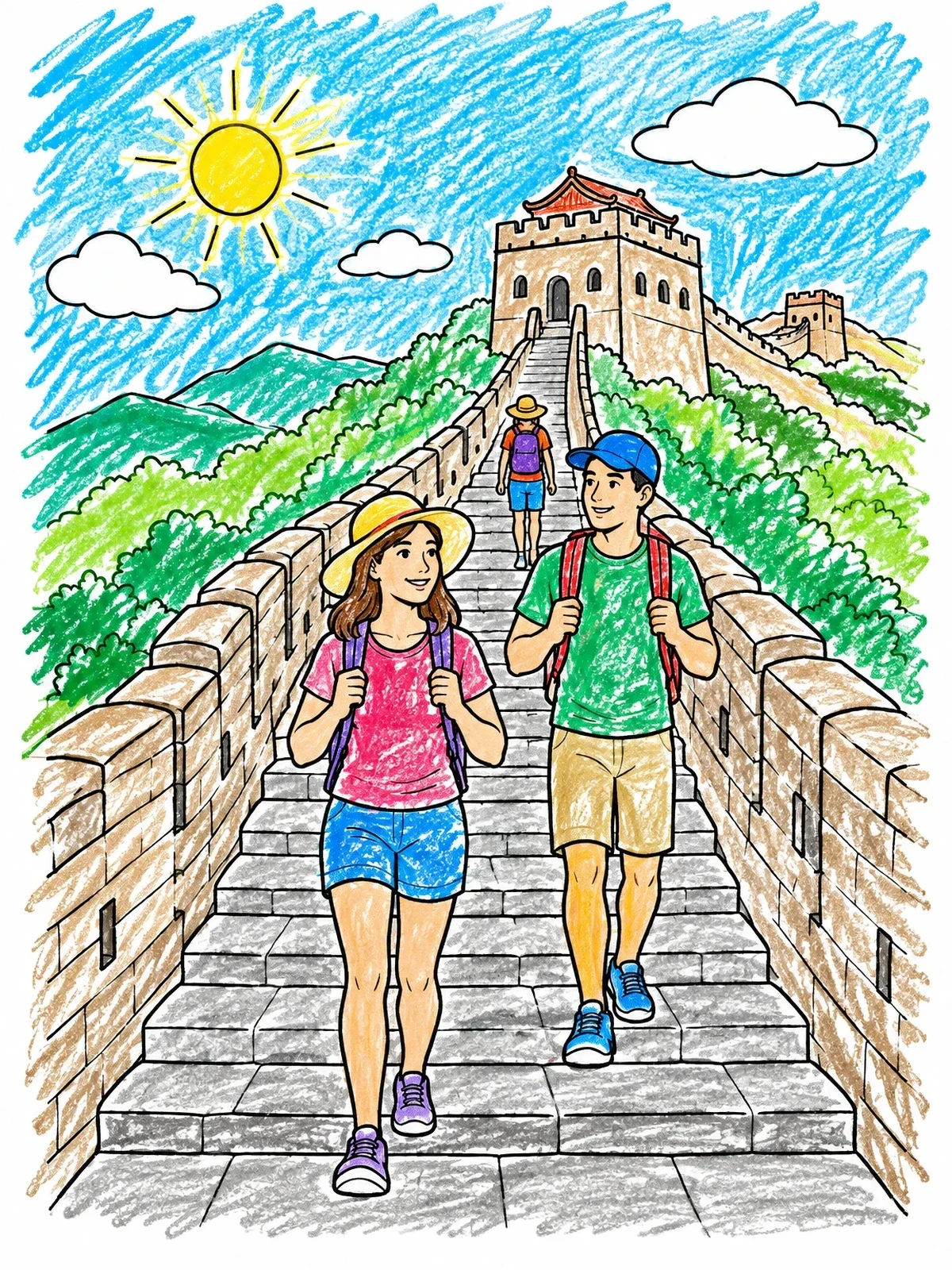 Colored example of the Hikers On The Great Wall Of China coloring page