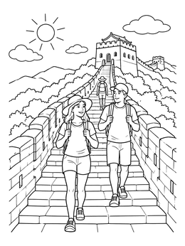 Free printable Hikers On The Great Wall Of China coloring page