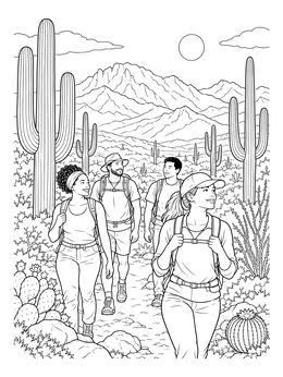 Hikers walk along a trail surrounded by cacti in this desert coloring page.