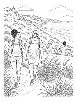 Hikers walk along sandy hills in this Indiana coloring page featuring Lake Michigan.