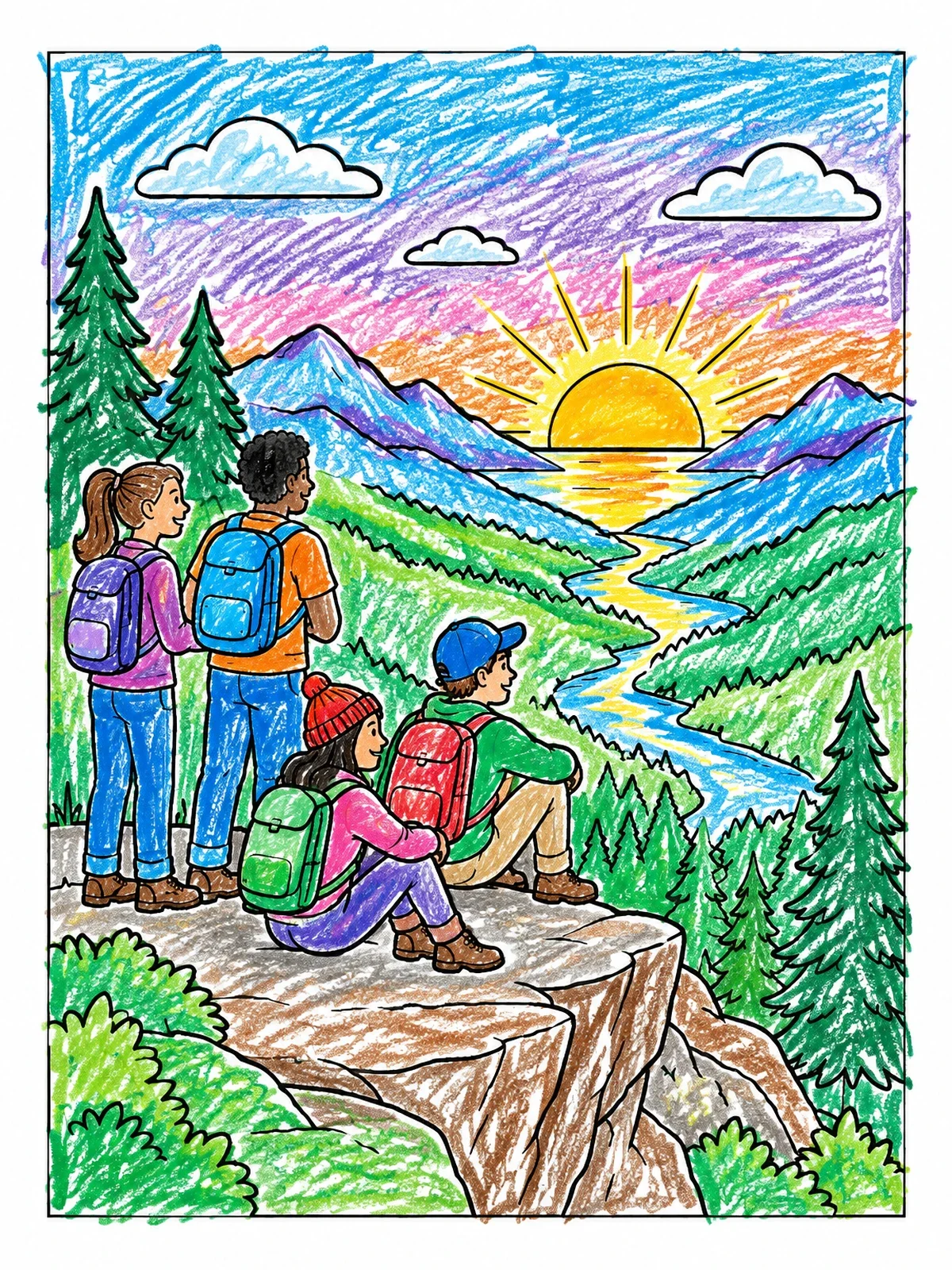 Colored example of the Hikers Watching Mountain Sunset coloring page