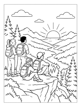 Free printable Hikers Watching Mountain Sunset coloring page