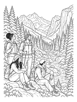A group of hikers admire a river valley in this pine forest coloring page.